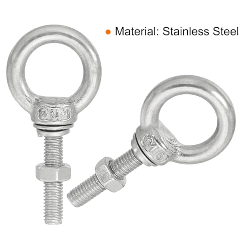 Image of uxcell M6*30 1 /4 inchx1.18 inch Stainless Steel Eye Bolts Threaded Screw Eyebolt Shoulder Ring with Nuts Washers for Lifting Hanging, 4 Set