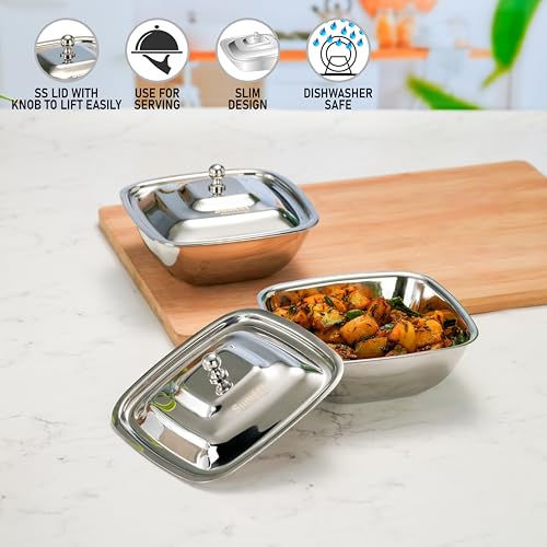 Image of Sumeet Stainless Steel Square Serving Bowl /Curry Bowl /Gravy Pot with lid, 600ml capacity, 14.5cm Dia, Set of 2 Pcs, Silver
