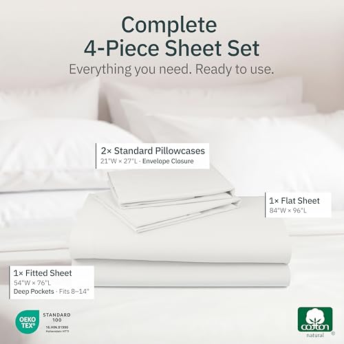 Image of Super Soft 100% Cotton Full Sheet Set, 4 Pc Set, Ivory | Lightweight & Breathable For Hot Sleepers, 14 inch Deep Pocket, All-Around Elastic, Durable, Easy Care, OekoTex Certified