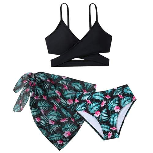 Traje de baño para niñas, conjunto de bikini de 3 piezas, bikini de flores, color negro, bonito traje de baño con correas ajustables de 9 a 14 años, Negro, 10-11 años