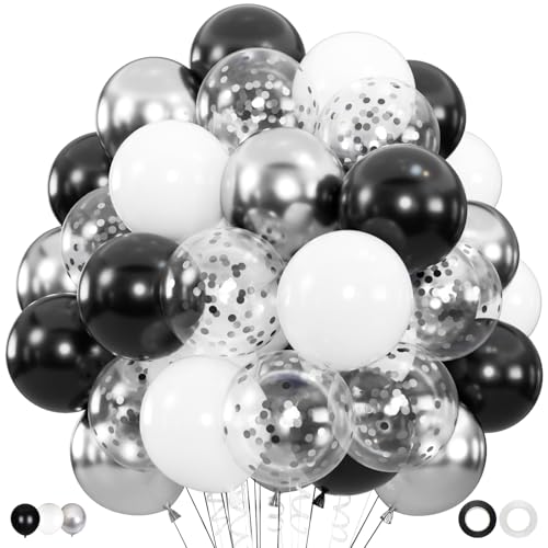 Image of 100pcs Black and Silver Balloons, 12inch Black White Silver Confetti Ballons for Birthday, Baby Shower, Graduation, Anniversary Party Decorations