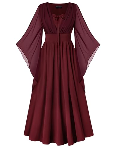 SCARLET DARKNESS Damen Viktorianischer Partykleid V-Neck Lace-up vorne 3/4 Glockenärmel Festliche Lange Kleider Weinrot S