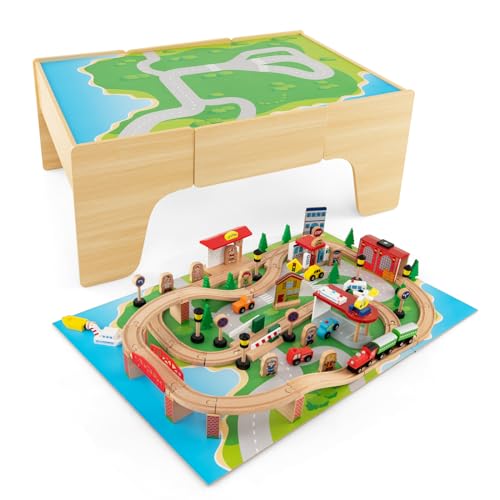 DREAMADE Table Circuit de Train en Bois, 84 Pièces avec Rails, Plateau Réversible & Amovible, Jouet Interactif Parent-Enfant, 3+ Ans (Naturel)