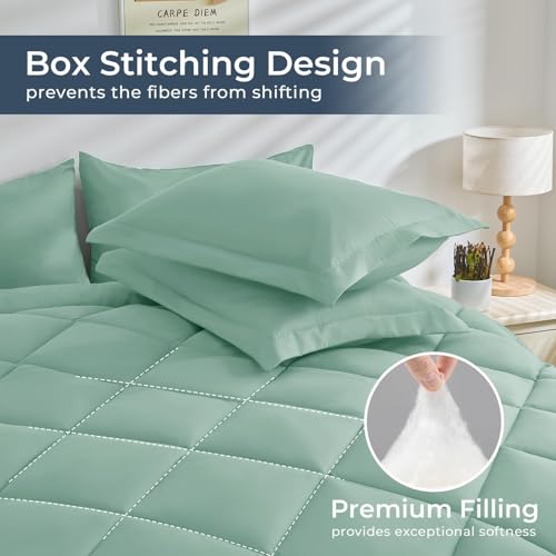 HEVUMYI Sage Green Queen Comforter Set - 7-Piece All Season Bed in a Bag Queen, Ultra Soft Bedding Set with Comforter, Flat Sheet, Fitted Sheet, Pillowcases, Pillow Shams, Sage Green
