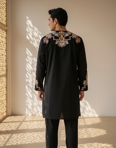 Image of Midnight Regal Embroidered Kurta Set with Polo Pants for Men Black