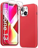 JTWIE [5 in 1 for iPhone 13 Case 6.1 inch, with 2 Pack Screen Protector + 2 Pack Camera Lens Protector, Liquid Silicone Slim Shockproof Protective Phone Case (Red)……