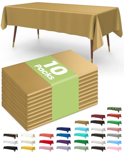 Image of Pureegg Plastic Table Cloth Disposable 10 Pack, 54 x 108 Inch Table Cloths, Graduation Decorations, Thanksgiving, Christmas Tablecloths, Rectangle, Plastic Cover, Leakproof & Sturdy, Gold