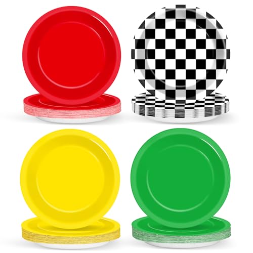 48Pcs Race Car Party Decorations Supplies Red Green Yellow Dinnerware Disposable Dessert Plates Traffic Light Party Black White Checkered Paper Plates Traffic Birthday Tableware for Kids Decorations