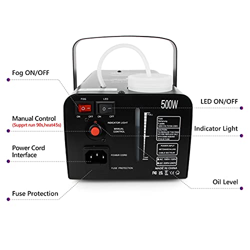 Halloween Fog Machine with Lights, 500W Upgraded Smoke Machine One Key to Get 30S 60S 90S 3 Modes Continuous Spray, 6 Stage Lights with Strobe Effect for Party Wedding Holiday Christmas, 2000CFM - Thumbnail 5