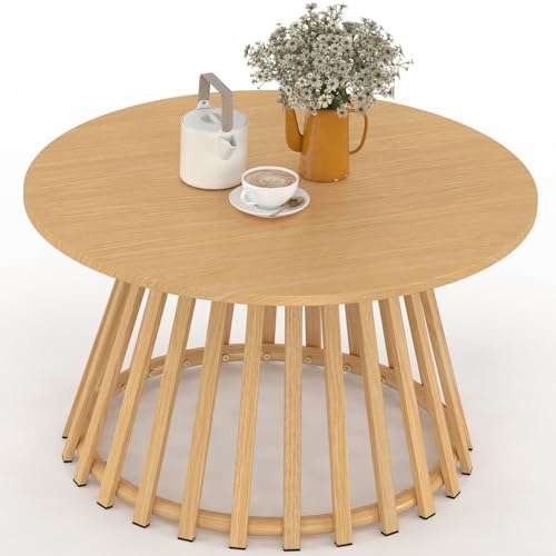 IDMarket - Table Basse de Jardin Ronde 70 cm SOLAL avec Pied Lattes en métal Effet Bois