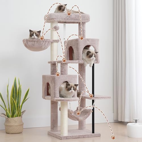 Image of Gitelsnour Cat Tree Tower with Sturdy Steel Tube for Indoor Cats GCT014MU | 51.2'' Cat Furniture with Scratching Posts, Hammock, Basket and Padding Top Platform for Inoor Cats Large Adult, Mushroom
