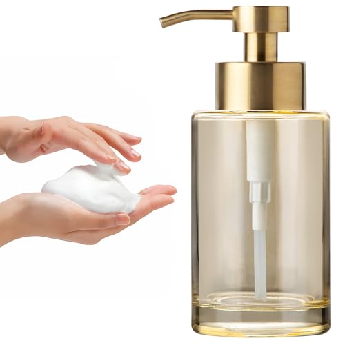 Image of Enra Gold Foaming Soap Dispenser, Thick Glass Bathroom Hand Soap Dispenser | 12oz glass bottle with stainless steel pump. Elegant design for bathroom, kitchen sink, countertop and home decor.