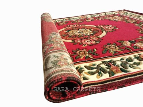 Image of Soft Thick Geometric Acrylic Washable Anti Skid Carpet. for Living Room Bedroom. Hall Size 7 x 10 feet (150X210 Cm) RED D7