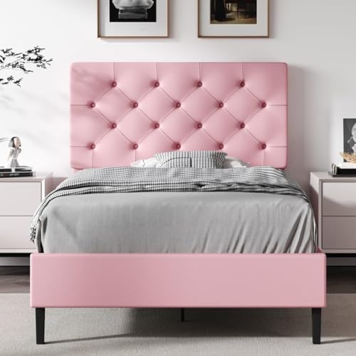 REVOMINCA Twin Bed Frame with Headboard, Faux Leather Upholstered Platform
