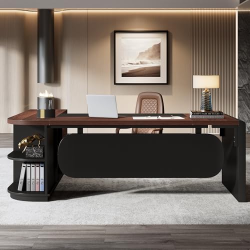 Image of Tribesigns 80'' L-Shaped Desk Set of 4, Large Executive Office Desk with 55'' Drawers Cabinet, Modern Computer Table with Storage Shelves, Business Furniture for Office, Walnut & Black