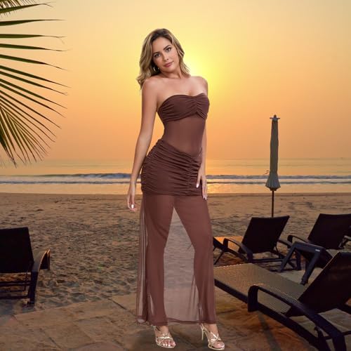 Image of Sexy Sheer Mesh Dresses for Women See Through Maxi Dress Strapless Tube Top Night Party