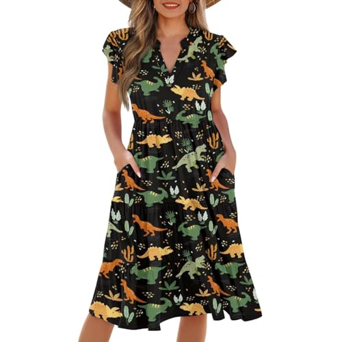 Image of Womens Summer Dress Ruffle Sleeve V Neck Dress Casual Fit Flowy Beach Vacation Sundress with Pocket S-2XL
