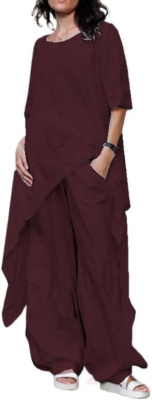 Women Solid Color Two Piece Set Loose Fit Top Pants Casual Everyday Outfit