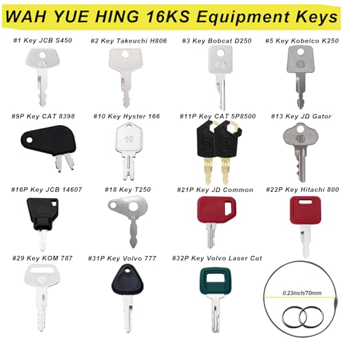 Image of Multi Type Heavy Equipment Master Keys, 16 Contractor Excavator Dozer Skid Steer Loader Forklift Roller Operators Keys Fit Case JCB Kubota KOM Volvo CAT JLG Hyster Hitachi John Deere JD
