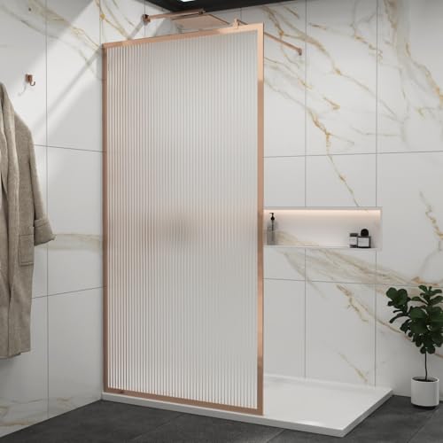 Luxor 760mm Walk in Wet Room Fluted Shower Screen with Brushed Bronze Frame 8mm Easy Clean Toughened Safety Glass & Top Support Arm