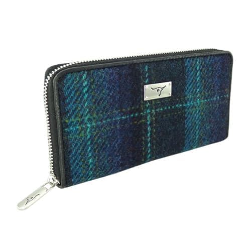 of Scotland Harris Tweed Wallet Large Zip Purse for Women Made in Scotland (Blue/Turquoise)