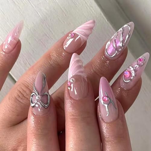 24 uñas artificiales con lazo 3D, punta francesa, uñas postizas brillantes, forma de almendra, uñas adhesivas para fiestas