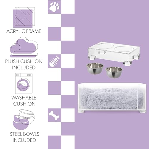 THE LICKER Store Billie 24" x 15.75" Small Modern Lucite Pet Bed with Washable Cushion and 4" Elevated Pet Feeder with 27 oz 2-Stainless Steel Bowls, Light Gray/Clear (Set of 2) DBD2001A-2SET by THE LICKER STORE - Image 4