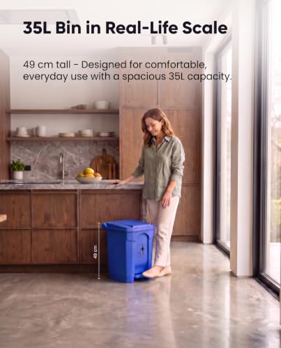 Image of pedal dustbin with lid, heavy duty plastic garbage bin, hands-free step-on waste bin for kitchen, office, home, hotel, bathroom & outdoor use (Blue, 35 Liters)