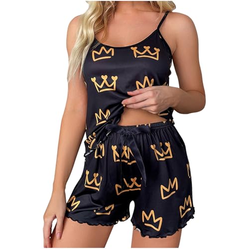 Women's Pajamas Set Fashion Printed Sexy V-Neck Camisole Crop Tops Lingerie Pj's Shorts Sleepwear Underwear Suit Black Large