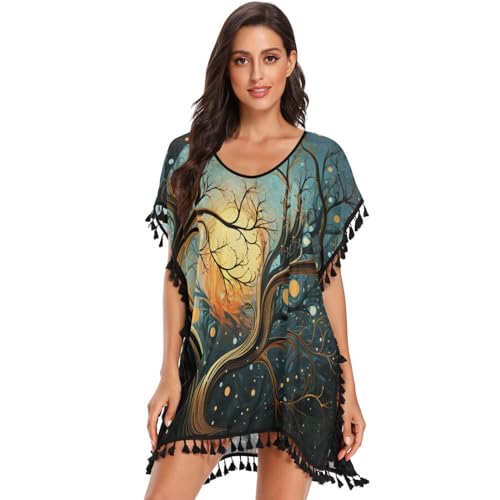 KAAVIYO Oil Artwork Moon Forest Women's Beach Cover Up Chiffon Tassel Swimwear Swimsuit Coverups for Girl