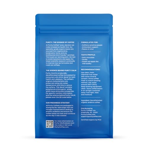 Purity Coffee CALM Decaf Medium Roast Whole Bean (12oz Bag) | Specialty-Grade USDA Organic Mountain Water Process Decaffeinated Blend | Third Party Tested for Mold, Mycotoxins & Pesticides