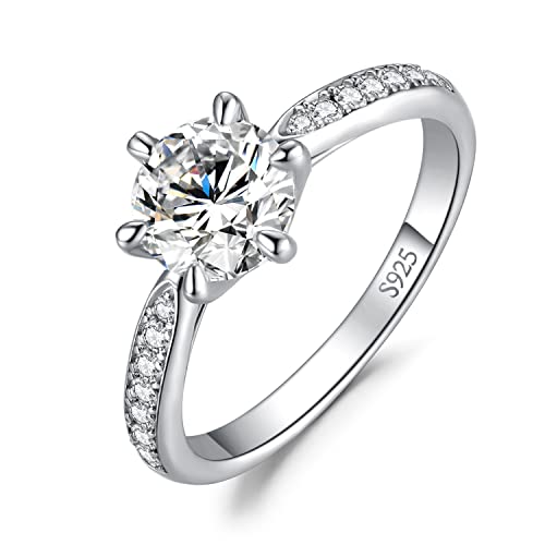 JewelryPalace Classic 7.5mm 1.5ct Moissanite Solitaire Engagement Rings for Women, 925 Sterling Silver Promise Ring for Her, Round Cut Simulated Diamond Anniversary Wedding Rings D-F VVS Size 6