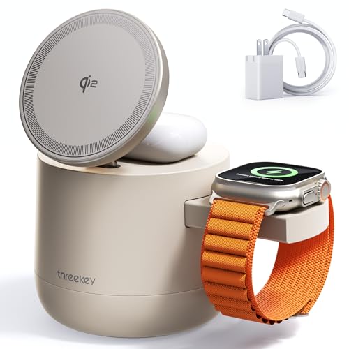 Threekey【Apple公認・MFi・Qi2・PSE公式認定】3in1 MagSafe対応 15W ワイヤレス充電器|iPhone 17/16/15/14/13/12・Apple Watch・AirPods・iPad対応|環境光付きドック型ステーション