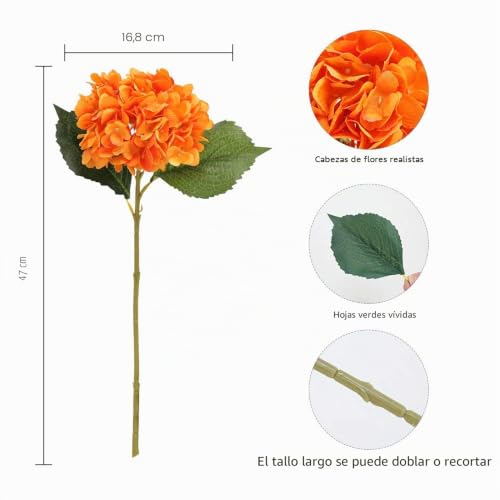 Miniatura 6 de Tifuly Artificial Hydrangea Flower, 5 Pcs Ramos De Hortensias De Seda De Tallo Largo Para Bodas, Hogar, Hotel, Decoración De Fiestas, Centros De Mesa Naranja