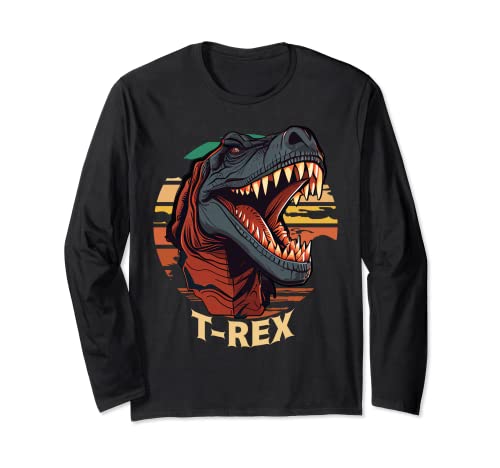 Retro Sunset T-Rex Tyrannosaurus Head Cool Dinosaurio Manga Larga