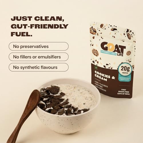 Image of GOAT Life Overnight Oats (75g) | 20g Protein | High Fiber | Instant Oats with Flax & Chia Seeds | No Sugar | Supports Weight Management & Muscle Recovery | Instant Breakfast | (Pack of 5, Cookies & Cream)