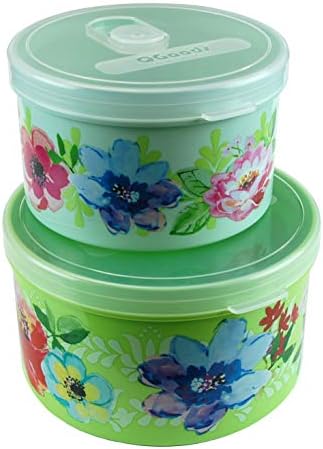 QGoods QG 40 & 24oz Round Plastic Food Storage Containers with Lids BPA Free - 2 Pieces Light Green & Yellow Green with Flowery Pattern image 2