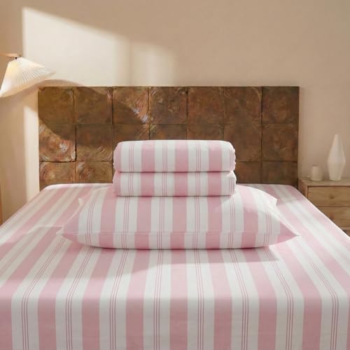 Image of Merryword 100% Cotton Sheet Set King Size - Pink Striped Bedding, Soft Breathable Percale Weave, Deep Pocket Fitted Sheet 17.5 inch, Luxury & Silky Soft Sheet Set for All Seasons