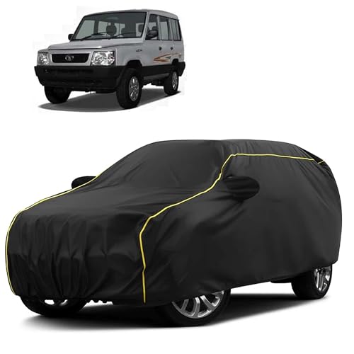 Image of Sulfar 100% Water Resistant Car Body Cover Compatible with Mirror for Tata Victa (Triple Stitched, Full Bottom Elastic, Black Taffeta with Yellow Piping)