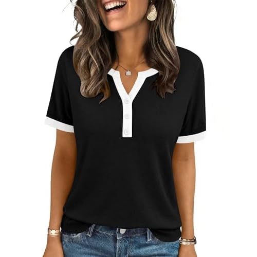 LOMON Womens Short Sleeve Sweater V Neck Lightweight Knit Spring Summer Tops Henley Button Blouses