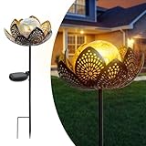 Afirst Solar Lights Outdoor, Garden Lotus Stake Lights Waterproof Decorative Pathway Light Metal Crackle Glass Solar Light Landscape for Garden,Patio,Lawn,Walkway,Tabletop,Pathway,Yard Decor, Golden