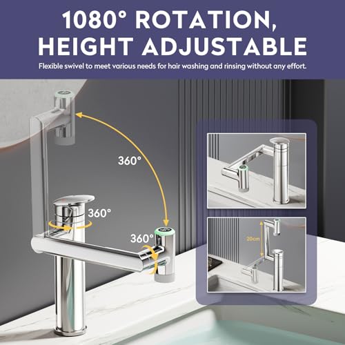 HOWUWEY 1080° Rotatable Single Hole Bathroom Vanity Faucet with Temperature Display, Height Adjustable Single Lever Bathroom Sink Faucet 1 Hole, LED Basin Faucet with Color Change (Chrome) by HOWUWEY - Used condition - Image 2