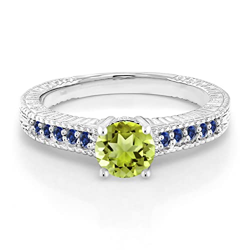Gem Stone King 925 Sterling Silver Round 6MM Green Peridot and Blue Created Sapphire Engagement Ring For Women | 1.05 Cttw | Gemstone Birthstone | Size 5,6,7,8,92
