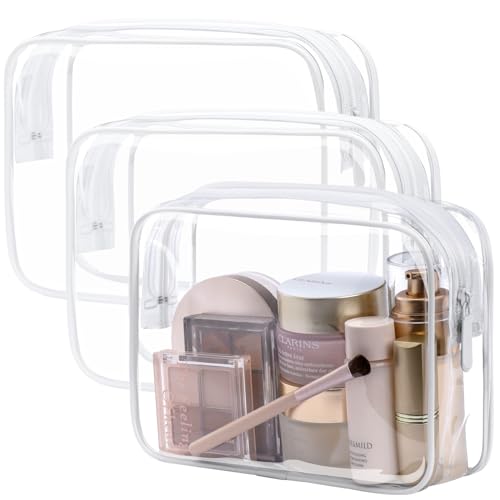 PACKISM TSA Approved Toiletry Bag – Clear Makeup Bag 3 Pack Same Medium Size, Travel Makeup Cosmetic Pouch for Women, Carry on Airport Airline Compliant Bag, White (for age 12 or above)