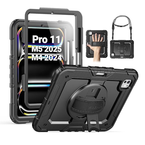 SEYMAC for iPad Pro 11 Inch Case M5 2025 / M4 2024, Heavy Duty Shockproof Protective Case with Screen Protector, 360° Rotating Stand, Hand/Shoulder Strap and Pen Holder, Black