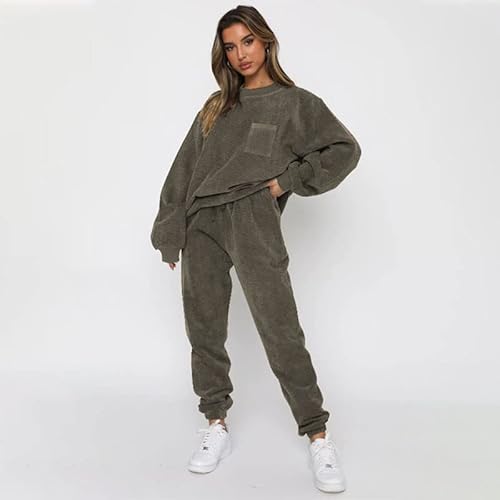 Jastie Women's 2 Piece Sets Lounge Tracksuits Long Sleeve Round Neck Pockets Outfit Pants Corduroy Jogger Sweatsuit(Armygreen Gray,Xxl) #TOP1
