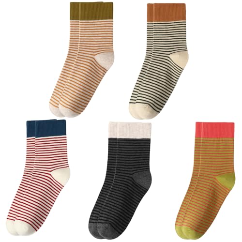 scenicamp 5 Pairs Retro Colorful Striped Cotton Crew Socks for Women, Vintage Color Block Cute Casual Athletic Socks