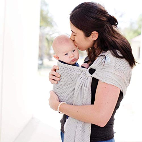 Beachfront Baby - Versatile Water & Warm Weather Ring Sling Baby Carrier | Made in USA with Safety Tested Fabric & Aluminum Rings | Lightweight, Quick Dry & Breathable (Silver Wave, X-Long)