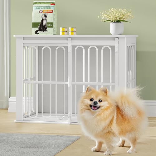HEXCELEN Hundekäfig-Möbel aus Holz, 81 cm Hundebox für Zuhause, Hundekäfig mit 2 Türen, Schiebetüren, für Kleine, Mittlere Hunde, Robuster, Beistelltisch, 81 × 55 × 62,4 cm, Weiß