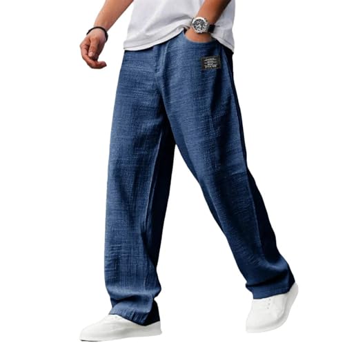 Mokaloha Mens Pants, New Men Casual Hemp Fabric Embroidered Logo Drawstring Loose Elastic Waist Trousers for Vacation Fashion3